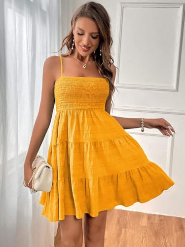 Image of SKAYS Womens Cami Mini Dress Smock Casual A Line Swing Sundress Summer Sleeveless Solid Ruffle Hem Short Dresses