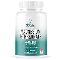 Vinco Magnesium L-Threonate Supplement - 120 High Strength Magnesium L Threonate Capsules - 2000mg Bioavailable Form of Magnesium per Serving - Non-GMO & Gluten Free - Made in The UK