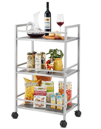 Image of WINSTAR Metal Rolling Trolley with Lockable Wheels | Heavy Duty Multifunctional Metal Frame Cart | Ideal for Home, Kitchen, Bathroom and Office Storage | (Silver, 3-Tier)