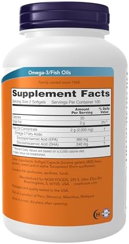 Now Supplements Omega-3 180 EPA / 120 DHA, Molecularly Distilled, Cardiovascular Support*, 200 Softgels (1652) 1