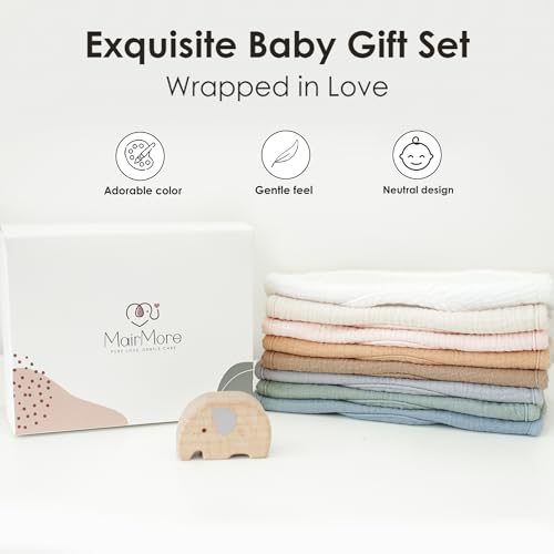 MairMore 8-Pack Baby Muslin Bibs, Soft Cotton Drool Bibs for Boys Girls, Adjustable and Absorbent Newborn Bib Set for Feeding and Drooling