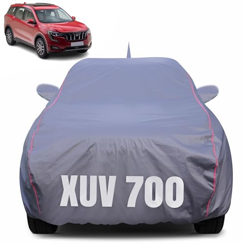 Image of 100% Waterproof Car Body Cover for Mahindra XUV 700 (2021-2025) with Mirror Pocket (Heat & UV Resistant, Triple Stitched, Soft Lining, Bottom Elastic & Piping) Grey