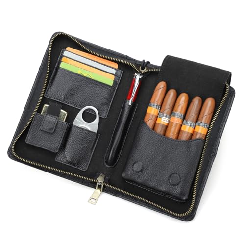 Contacts bärbar resa humidor för cigarrskärare, tändarfack och läderfodral för 5 cigarrer (inga tillbehör), multifunktionell cigarrtillbehörsorganisatör clutch mobilväska