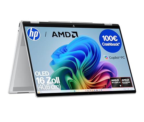 HP OmniBook X Flip 2in1 Next Gen AI Laptop | AMD Ryzen AI 5 340 (6C) | dedizierte NPU für KI | 50 NPU Tops | Copilot+ PC | 16" WUXGA 1920x1200 Touchscreen | 16GB | 512GB SSD | Win11 | QWERTZ | Silber