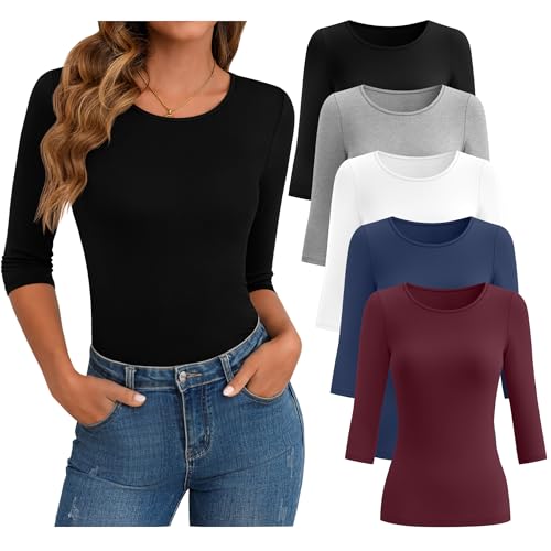 Huukeay 5 Pack Women's Elbow Sleeve Tops 3/4 Sleeve Cotton Round Neck T-Shirt Slim Fit Casual Stretchy Tunic Basic Tees Bulk