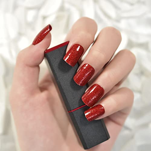 Coolnail Short Wine Red Press On False Nails Squoval Glitter Glue On Nails Diy Manicure Reusable Uv Gel Cover Fake Acrylic Nail Art Tips #TOP4