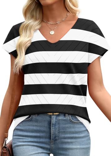 Image of WIHOLL Short Sleeve Sweater for Women V Neck Trendy Summer Tops 2026 Beach Vacation Clothes Travel Business Casual Outfits