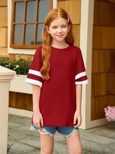 Image of Girls Oversized T Shirts Kids Summer Striped Short Sleeve Tops Casual Crewneck Tees 5-14 Years