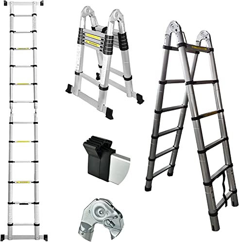 Escalera telescópica de Aluminio 3.8m/1.9+1.9m, 13 Peldaños, Plegable, Extensible, Fácil de Transportar, para Constructores de Bricolaje, Interiores y Exteriores