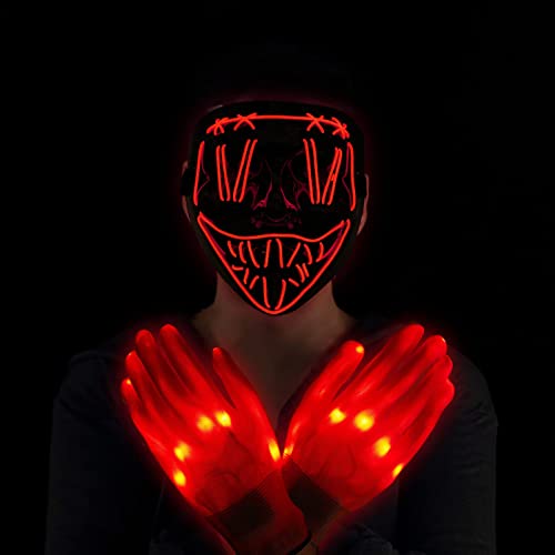 FunsLane Máscara de miedo LED de Halloween con guantes, guantes de máscara de cara de Halloween con luz roja, decoración de cosplay para festival, fiesta, carnaval, cosplay, Halloween Cover