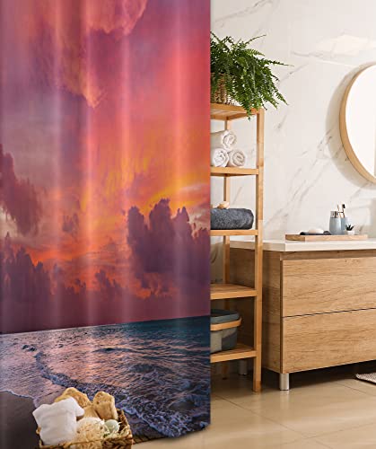 Ambesonne Balinese Stall Shower Curtain, Calm Ocean Shoreline on Tropical Sunrise. Bali Indonesia Wavy Sunbeams Scenic, Fabric Bathroom Decor Set with Hooks, 36" W x 72" L, Pink Orange Tan