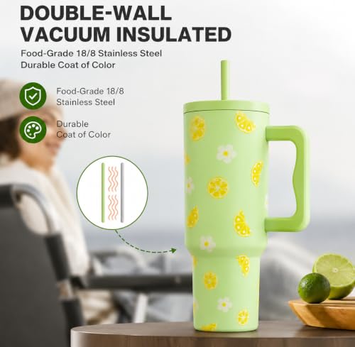 Image of CYNVEXA Tumbler with lid and Straw 1200ML Cup Stainless Steel Vacuum Insulated Tumbler for Water, Iced Tea or Coffee 1.2L Office Gym Travelling (Lemon Flower)