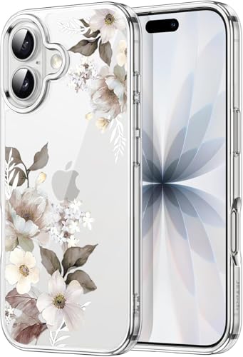 Image of Elzzi Clear Transparent Flower Cover for iPhone 17 Case Shockproof Floral Design Full Camera Protection Shockproof PC+TPU Transparent Cover for Girls & Women (Grey)