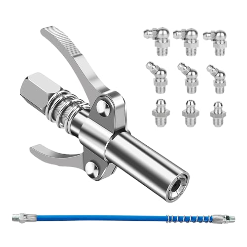 NYGGTYK 1 pinza di bloccaggio a doppia impugnatura, ugello per pistola grasso, con 1 tubo a molla, M6, M8, M10, ugello dritto curvo, ugello per pistola grasso, ugello per grasso, pistola grasso, tubo