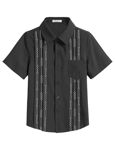 Arshiner Jungen Hemden Kurzarm Leinen Sommer Casual Besticktes Shirt Regular Baumwolle Party Freizeit Hemd für Kinder 7-8 Jahre Schwarz