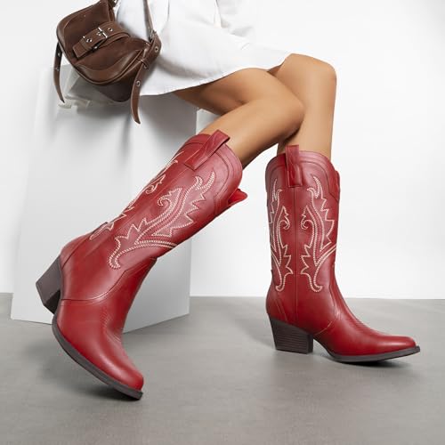 Image of DREAM PAIRS Women's Cowboy Cowgirl Western Boots | Embroidered Pointed Toe Low Heel Western Mid Calf Boots for Theme Party Country Concert