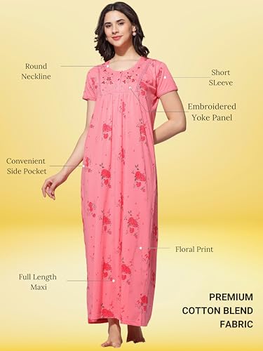 Image of 9shines Label Stylish Cotton Blend Nighty Maxi for Women | Full Length Trendy Nightgown | Premium Nightdress | Nightwear | Embroidery Nighty with Pocket (New 5256RP-L)