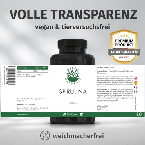 Spirulina Kapseln - Hochdosiert: 2000mg reinem Spirulina Pulver pro Tag - 2 Monatsvorrat - Ohne Zusätze, vegan & in Deutschland produziert - 240 Kapseln - Green Naturals®