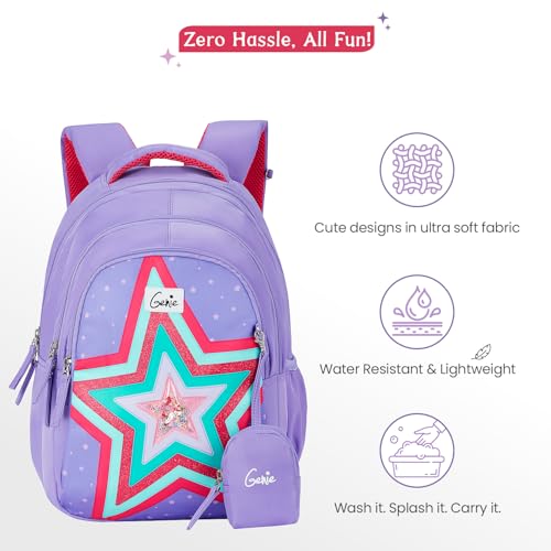 Image of Genie School Backpack for Girls |15 In-20 Ltr with Three Compartments,Side Pockets and Light Weight with Padded Shoulders |Best for Books,Stationery, Lunch Box & Essentials