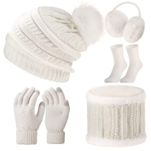 5 Pieces Women Winter Warm Set Knit Beanie Hat Scarf Touchscreen Gloves Earmuffs Stockings 5 in 1 Ski Outing Set for Gift(White Classic Style)