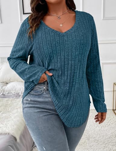 Image of Koscacy Women Plus Size Casual Knit Sweater V Neck Solid Color Tops Lightweight Long Sleeve Blouses
