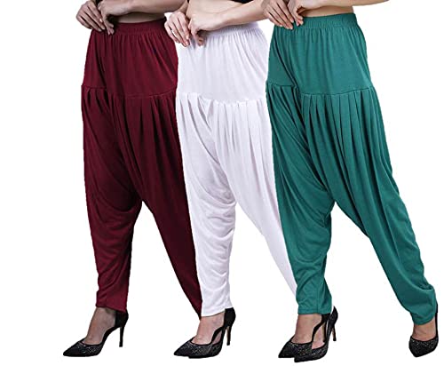 Image of Casuals Women's Regular Fit Viscose Drawstring Patiala Harem Pants Combo Pack 3 (Maroon :: White :: Z.Green,L)