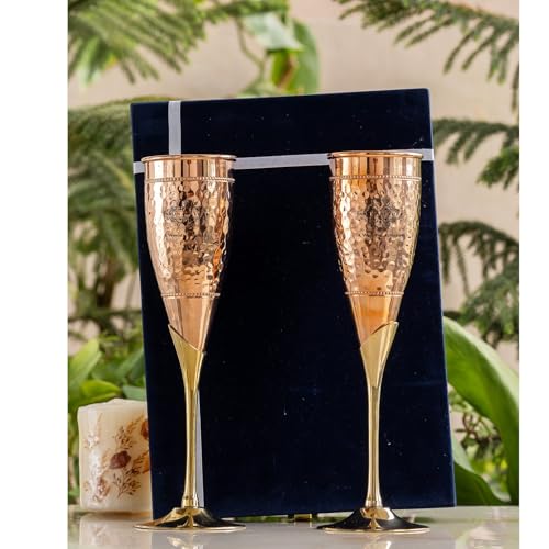 Image of INDIAN ART VILLA Copper Designer Champagne Glass with Brass Stand Set of 2 in Velvet Gift Box, 150 ML Each, Hammered Copper Flutes for Champagne, Cocktails, Parties, Weddings & Luxury Gifting