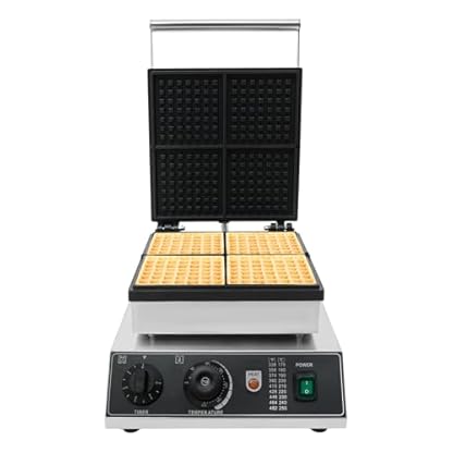 Kommerzieller Waffeleisen Belgische Waffel, 1750 W Waffelmaschine mit 4 Heizelemente, Elektrischer Waffelbereiter, Einstellbare Temperatur und Zeit 0-5min/50-300℃, Antihaftbeschichtung