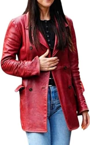 Women's Maroon Leather Blazer Jacket - Double Breasted Red Leather Jacket Coat