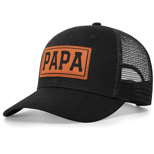 Great for Grandpa Papa Gifts from Grandkids - Black Trucker Hat with Vintage Leather Patch