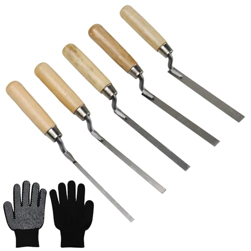Lot de 5 truelles à Joints en Acier Inoxydable,Largeur 6 8 10 12 14 mm avec manche en bois,Avec gants,Truelle à Joints pour jointoiement Briques et Briques...