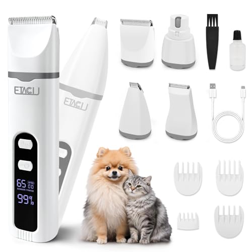 ETACCU 4 in 1 Dog Clippers Grooming Kit with LED Display, Cordless Dog Quiet Hair Trimmer for Paw Nail Grinder, Rechargeable 2-Speed Cat Clippers Face Shaver for Paw Nail Body Ear