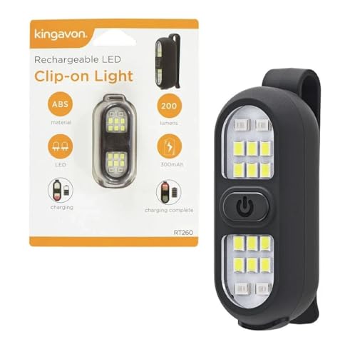 Kingavon RT260 Clip On Rechargeable Battery Powered LED Running Light - Wearable Head Torch for Clothes/Hats - Black
