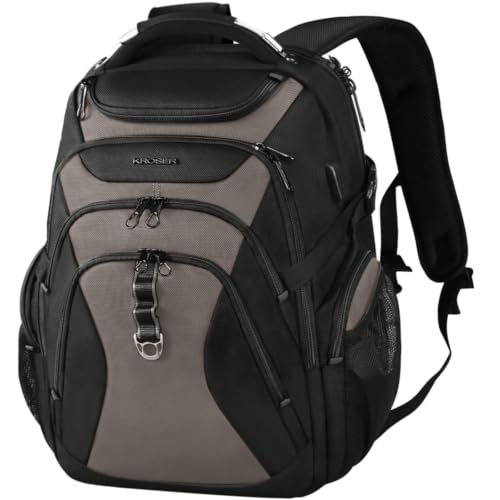 Image of KROSER Travel Laptop Backpack 18.4 Inch XXXL Gaming Backpack with Hard Shell Saferoom RFID Pockets Water-Repellent Business College Daypack Stylish Laptop Bag for Men /Women-Black Light Browm