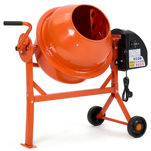 DKIEI 63L Electric Cement Mixer 220W Concrete Mixer with Wheels and Stand Portable Mud Mixer Machine for Cement Stucco Seeds and Fodder 230V 50Hz 30RPM Orange