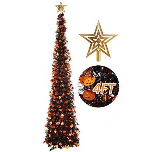 OppsDecor 1,2 m Kürbis-Pailletten, künstlicher Baum mit Stern, Baumspitze, Halloween, Lametta, Bleistift, Baum, gruselige Dekorationen für Zuhause, Kamin, Party, Innen- und Außenbereich Cover