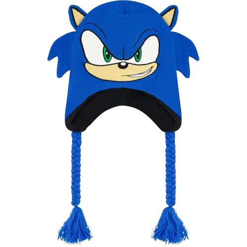 Sonic The Hedgehog Winter Peruvian Knit Beanie Cuffed Winter Knit Cap Large Sonic Face with 3D Ears Blue One Size