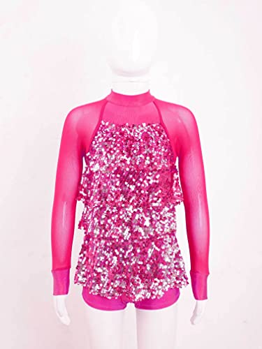 Feeshow Kids Girls Sparkling Sequins Hip-Hop Jazz Ballet Latin Dance Dress Leotard Jumpsuit Performance Costume Hot Pink 6 Years #TOP2