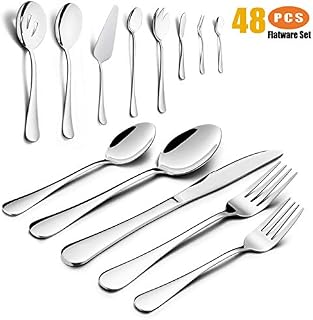 48 Pieces Silverware Set with Serving Set, HaWare Stainless Steel Modern Flatware Eating