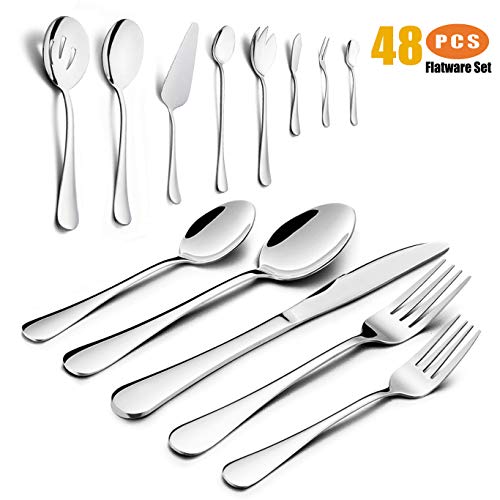 48 Pieces Silverware Set with Serving Set, HaWare Stainless Steel Modern Flatware Eating