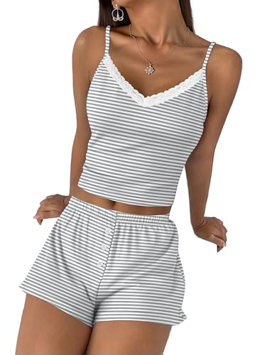 Image of Ekouaer Cami Pajama Sets Y2K 2 Piece Lace Crop Top and Shorts Sexy Pjs Summer Lingerie Sleepwear Nightwear for Women