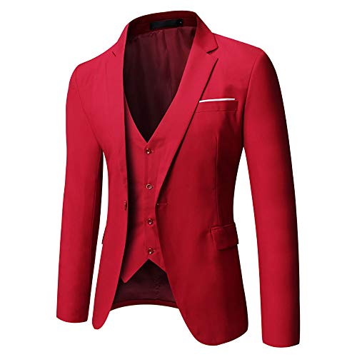 Wulful Men's Suit Slim Fit One Button 3-Piece Suit Blazer Dress Business Wedding Party Jacket Vest & Pants Wine Red #TOP3