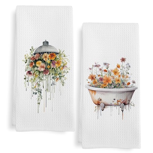 GWFSJYU Orange Wildflower Hand Towels for Bathroom Set of 2, Orange Floral Botanical Dish Tea Kitchen Towels, Sage Green Shower Head Plant Bathtub Flower Decorative Hand Towels, 16x24 in