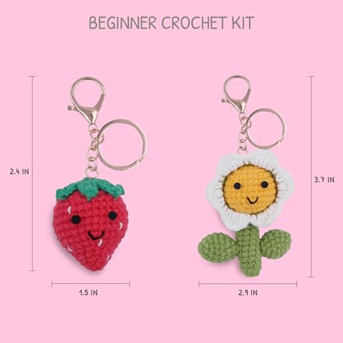 Image of HOUSE CREATIVITY Crochet Keychain Kit for Beginners, Make 2 Strawberry & Sunflower Charms, Crochet Kits with Video Tutorial, Complete Set with Yarn, Hook & Keyring, Cozy Stress Relief Gift for Adults