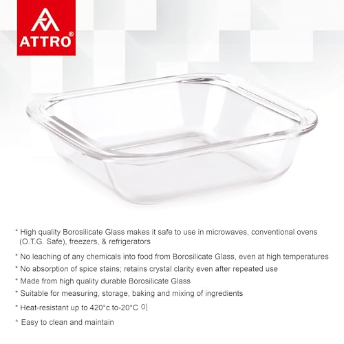 Image of ATTRO Glassox Borosilicate Square Glass Baking Dish Micorwave Oven Safe Freezer Safe Baking Tray Serving Dish Bakeware- 850ml, Transparent