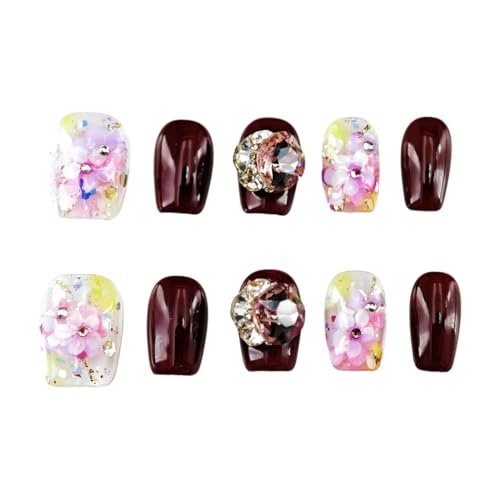 farfarflame 手作り ネイルチップ ショート 付け爪 つけ爪 台 3D ダイヤモンド 猫目ジェル 光沢 おしゃれ かわいい デザイン 秋 冬 パーティー 10枚入 (冬桜の夜, XS)