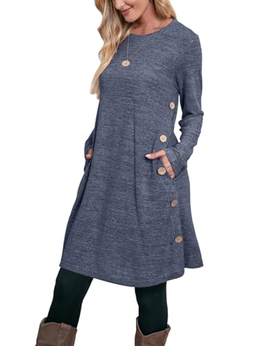 OFEEFAN Long Sleeve Dress for Women Tshirt Dresses with Pockets Black Blue S