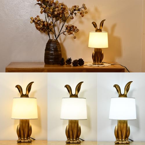 Bunny Table Lamp, Cute Animal Rabbit Lamp,Bunny Lamps,15.7" Vintage LED Desk Light with Linen Lampshade,Gold Main Part Beside Lamp for Bedroom, Study Room, Office, Nursery, Home Decor (Linen White) by YHT - Used condition - Image 2