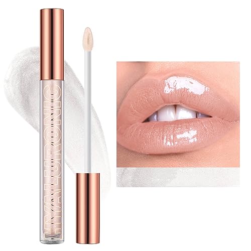 Ofanyia Hyaluronic Acid Lip Gloss, Shimmer Plumping Liquid Lipstick, Moisturizing Long-lasting Smooth Texture Lifter Lip Gloss with Heart Brush (01#)