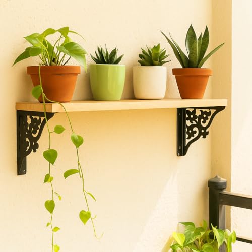 Image of Wall Shelf with Wooden Top Black|White Iron Brackets Storage Rack|Industrial Wall-Mounted Floating Shelf for Living Room,Kitchen,Bathroom (Black Triple Floral Large)